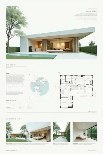 A professional architectural presentation board with a Pure background and a clean, minimalist design layout. The board includes:
Top Section: On the top left, a photorealistic render of a contempora
