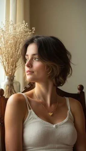 A realistic photograph presents a medium close-up portrait of a woman with a tousled chin-length dark brunette bob accented by bold blonde money-piece highlights framing her face, seated slightly righ