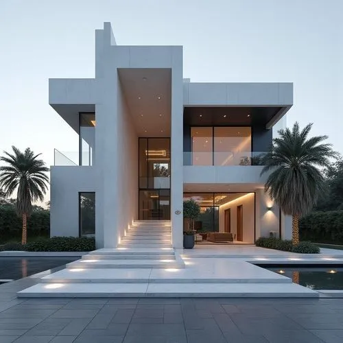 A hyper-realistic, high-resolution architectural photograph capturing a grand, ultra-modern luxury mansion at twilight. The building’s façade is composed of smooth white stone panels contrasted with s