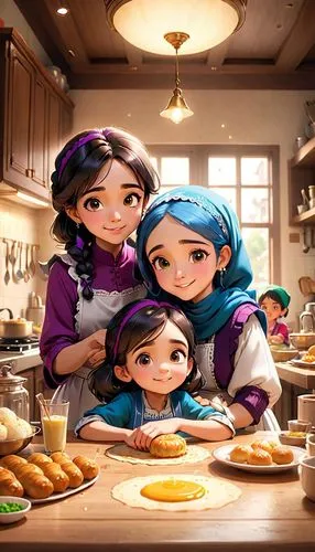 A mother and her children making Eid Maamoul, on a big table in big kitchen,a couple of girls are at a table with food,star kitchen,kids illustration,cute cartoon image,food and cooking,housemaids,gir
