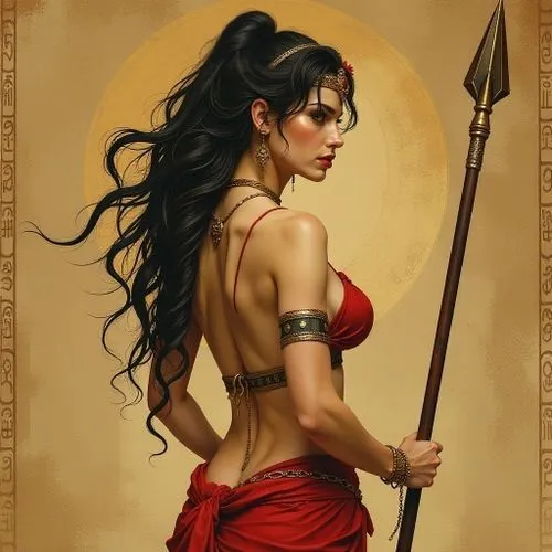 background,a painting of a woman with dark hair and makeup, holding an arrow, in red satin, standing with long black curly hair,female warrior,elektra,warrior woman,wonderwoman,yavana,barsoom