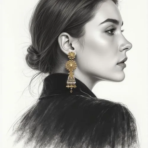 fashion show's atmosphere,, black sleeves below it Top fashion poster, female model wearing a pair of stylish earrings made with gold, contour light, ear close-up, fine skin texture, earrings highligh