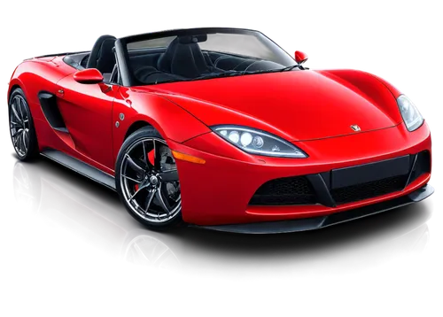 Red sports car, shiny metallic paint, sleek bodyline, low-angle shot, wheels facing slightly outward, bright headlights, chrome exhaust pipe, black leather seat, steering wheel with red stitching, 3/4