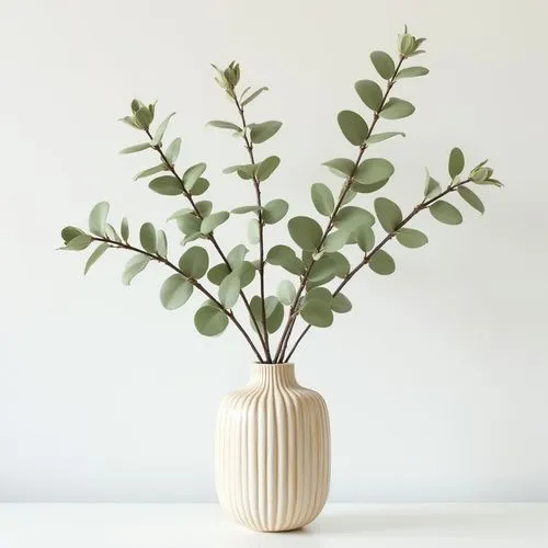 tall big elegant decorative branches with perple leaves ,on white wall,frontview, simple elegant   gold stripes vase
,an elegant vase containing eucalyptus leaves with white background,philodendron,bo