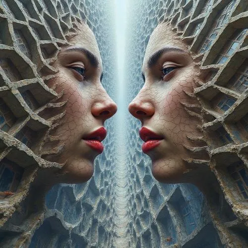 Create an image of a holographic photorealistic illusion on a flat surface. This artwork depicts an intricate architectural labyrinth, painted with a sense of surrealism. The deep 3D depth illusion is