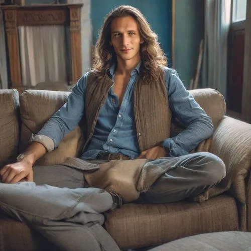 Homme cheveux longs, sur le canapé ,leonardo devinci,male model,british semi-longhair,on the couch,greek god,men's wear,trouser buttons,cross legged,in seated position,sweater vest,men's suit,bodhi,bo