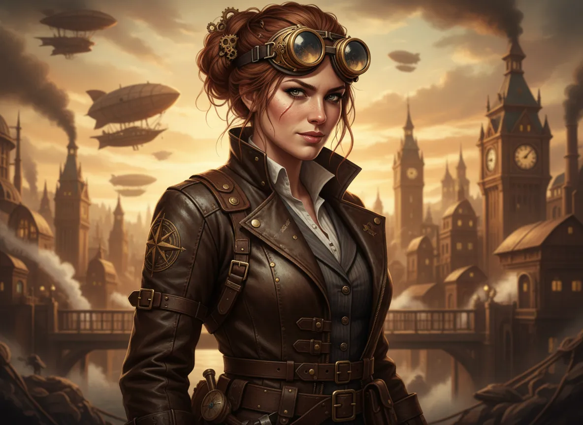 Ein KI-generiertes Porträt eines Steampunk-Abenteurers mit aufwendiger Messingbrille, einer Lederjacke und entschlossenem Gesichtsausdruck, geeignet für ein Buchcover oder eine Charaktervorstellung.