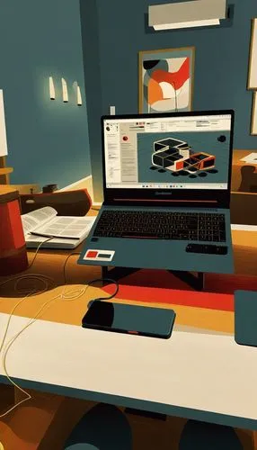 an illustration of a computer with a car on the monitor,sketchup,working space,office desk,workspaces,blur office background,desk,modern office,desks,wooden desk,3d rendering,work space,workspace,3d r