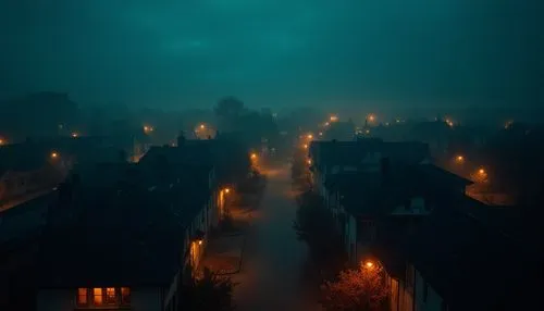 halloween random scene from horror movie,old town,a foggy night over a street with lights on,nacht,dense fog,haar,fog,the fog,nuit