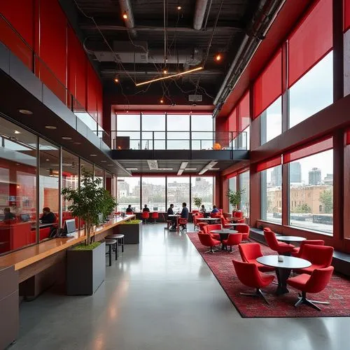 ,the interior of an office building has red chairs,rackspace,gensler,modern office,offices,scotiabank,ideacentre