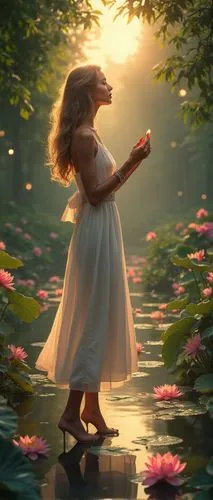 In the center of a lush garden, there is a serene lily pad, filled with colorful flowers. The sun is just beginning to rise, casting a warm orange glow on the leaves of the trees and the surrounding f