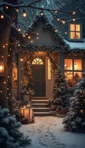 A magical Christmas wallpaper featuring cozy exterior, styled with monochrome tones, evoking a festive and cheerful atmosphere.,the front door of the house is lit up and covered in christmas lights,ch