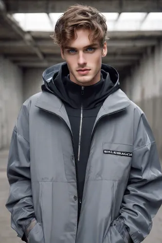 Photography Realistic，Professional Headshots，Men's Fashion,outerwear,windbreaker,national parka,north face,parka,polar fleece,fleece,weatherproof,coat,overcoat,menswear,male model,grey background,rain