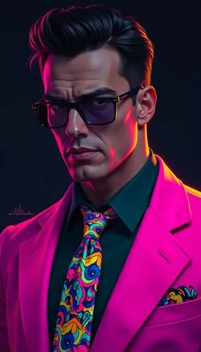 A digitally illustrated portrait of a confident, stylish man with sharp facial features and a serious expression. The character is wearing a vibrant, neon pink blazer over a dark green shirt, paired w
