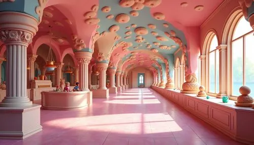 Ice cream factory, large spaces, bright colors, ice cream-shaped ceiling, large windows, ice cream-shaped art objects, rich interior, children,ballroom,ornate room,hallway,corridor,archways,background