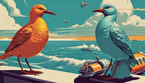 Create a dialogue between two coastal birds discussing the changing weather patterns and its impact on their fishing expeditions.,sea birds,birds of the sea,bird couple,tropical birds,seabirds,key bir