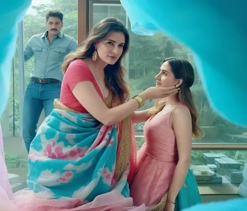 Colorful ,a woman standing next to a young man, in front of a window,vaanii,kareena,kriti,genelia,vaani,shivdasani