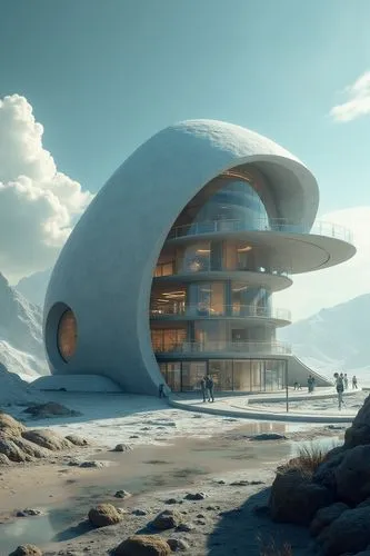 "Design an architectural pod for Neptune, inspired by the planet’s violent storms and the nautilus shell. The pod should feature a shape-shifting spiral structure that adapts seamlessly to Neptune’s e
