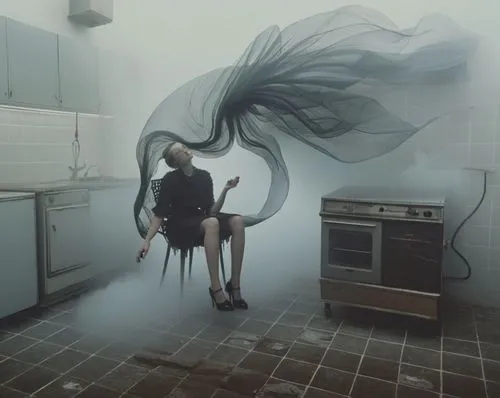 
,woman sitting in a chair near an oven with flowing hair on her head,girl in the kitchen,conceptual photography,skillet,repulsion,surrealism,flying noodles,surrealist,refrigerate,afterimage,sylphs,di