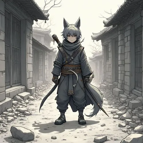 Cyberpunk Warrior in an Ancient Eastern Alleyway
Create a digital artwork with a style that emphasizes flat colors and bold outlines. Begin with a rough black-and-white ink sketch featuring thick, exp