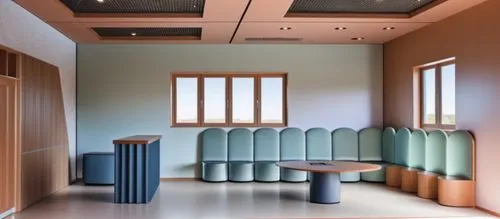 international kids school reception area n waitng area ,an empty room with a bunch of benches around a table,doctor's room,examination room,treatment room,hospitalier,therapy room,japanese-style room,
