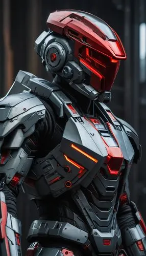 cyber mecha operative with an intimidating tactical red shield visor helmet in tactical grey body armour,war machine,megatron,dreadnought,ironman,mech,carapace,cyborg,mecha,bolt-004,armored,bot icon,b