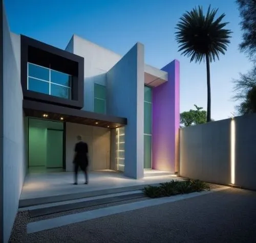 a man walking past a colorfully designed house,modern house,modern architecture,cubic house,cube house,contemporary,modern style,residential house,dunes house,exterior decoration,render,renders,interi