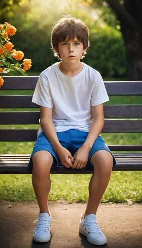 Shota, young boy, cute facial expression, blue eyes, messy brown hair, casual wear, white T-shirt, orange shorts, sneakers, sitting on a bench, in a quiet park, surrounded by greenery, few flowers, su