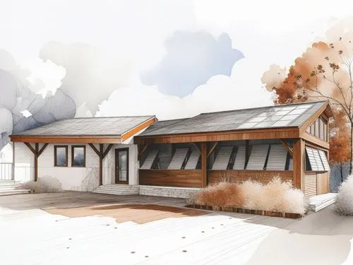 the building has windows on the sides and has shingled siding,horse barn,house drawing,barn,longhouse,watercolor tea shop,farmhouse