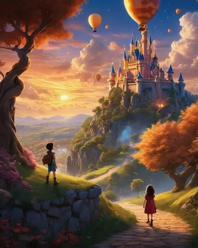 Whimsical Disney Pixar-inspired movie poster, vibrant colors, dreamy atmosphere, fantasy world, magical creatures, sparkling stars, fluffy clouds, majestic castle, rolling hills, winding path, lantern