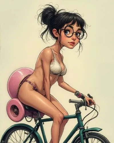 a woman riding a bike with an odd outfit,bicycle,woman bicycle,bike rider,biking,bicycling,bikes,bike riding,bicycle riding,cycling,bicyclist,biked,cute cartoon character,cyclist,bicycle ride,girl wit