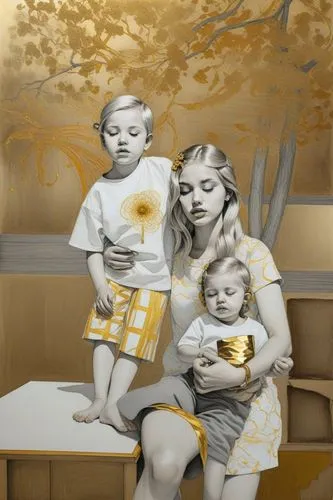 an image of a couple and their child with golds,bananarama,separado,figli,world digital painting,oil painting on canvas,generaciones