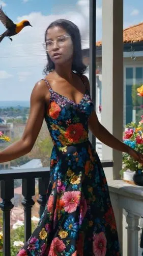 Imagine the illustration of a dignified ebony woman dancing joyfully on a brightly decorated balcony, bathed in morning shade. She wears a vibrantly colored dress that sways gently with her movements.
