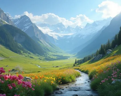 valley of colorful flowers in the summer ,there are flowers on the green field and one is on a small stream,mountain meadow,the valley of flowers,alpine meadow,alpine landscape,meadow landscape,salt m