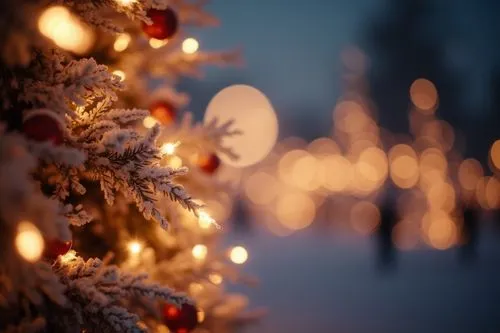 A traditional Christmas wallpaper featuring fairy lights, styled with pastel tones tones, evoking a festive and cheerful atmosphere.,christmas tree with red ornaments and lights near by,bokeh lights,c