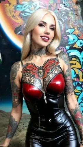 Night Sky, Stars, galaxies, energy,a woman is wearing leather latex clothes,tattoo girl,mesmero,harley,harley quinn,tetas,dita