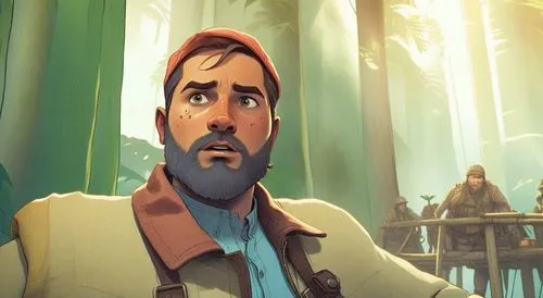 a man is sitting at a table in a forest,filoni,friedemann,tevye,lumbago,vetinari,merchant