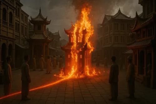 people gathered in front of a huge tower with flames coming out of it,burning torch,pillar of fire,the conflagration,conflagration,fire background,door to hell,firedamp,infernal,dragon fire,burning ho