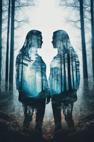 double exposure of english forest, silhouette,double exposure,two people,photomanipulation,ghost forest,couple silhouette,man and woman,vintage couple silhouette,parallel worlds,photo manipulation,lov