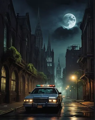 Gotham City, dark night, full moon, weed smoke, Batman signal shining bright on the clouds, misty fog, cityscape, skyscrapers, Gotham Cathedral in the background, weeds and vines crawling up the build
