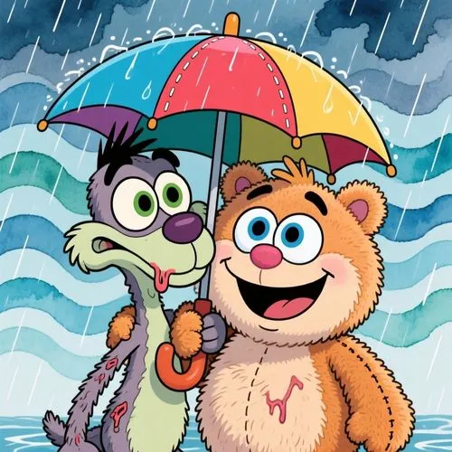 ​A vibrant cartoon illustration featuring two quirky, expressive plush toy characters in the classic 90s animation style of Ren and Stimpy, but clean and without any gross-out elements. One neurotic, 