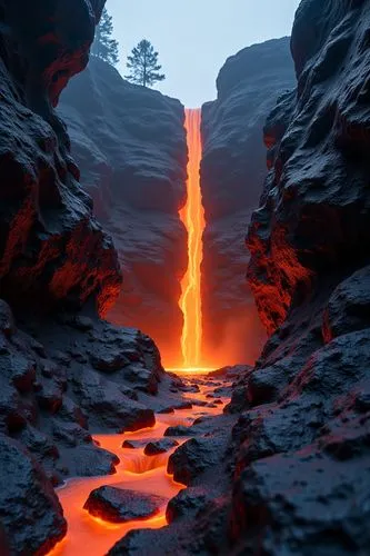 Imagina estructuras que evocan una atmósfera de pavor y misterio, desafiando las percepciones de seguridad y comodidad en la forma arquitectónica.,a canyon has lava pools and light coming from them,la