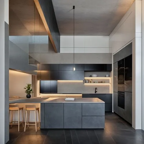 minimal style, fantastic modern kitchen, black stone floor, silver cabinets,  the reflection of cabinets on the floor, highly details,, light from the left,  photography, 8k, up light, ,modern kitchen
