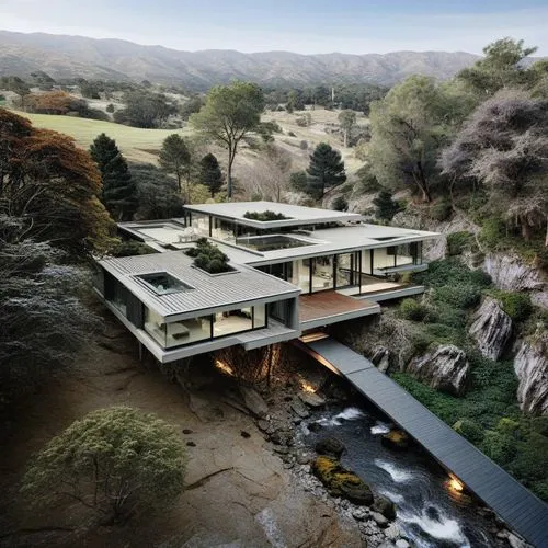 Aerial View: Capture the architecture from above to showcase how it integrates with the surrounding landscape, revealing its shape and relationship to the natural features.