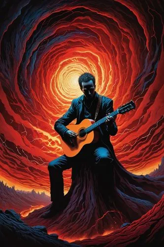 A haunting, intricate digital illustration featuring a lone figure playing an acoustic guitar against a vibrant red-hued vortex. The figure's face, closed, captures the otherworldly spirit of a deteri