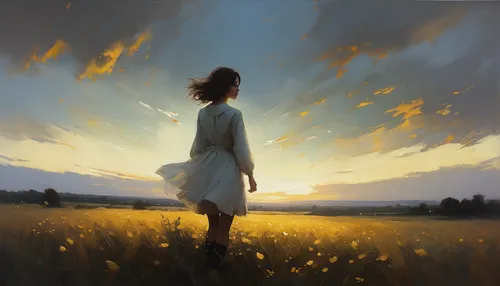 a person with bright white eyes hovering over a sprawling field, beautiful, ,dandelion field,world digital painting,yellow sky,goldenlight,summer evening,daybreak,digital painting,chamomile in wheat f