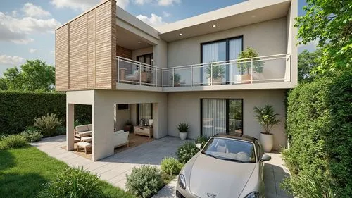 A modern two-story house with a minimalist concrete and wood facade, surrounded by lush greenery, featuring a geometric design with clean lines and large glass windows,a small car parked in front of a