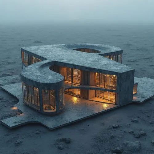 A detailed rendering of a circular building made of glass and metal materials, positioned on the lunar surface for astronaut habitation, with intricate architectural designs and advanced structural el