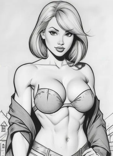 (((Black DD cup push up bra))), (((Big muscles), blonde hair, (toned physique, bigger boobs, shredded), corsette, business clothes)
, Comic art, cartoon art, masterpiece by Jim Lee,
portrait drawing, 