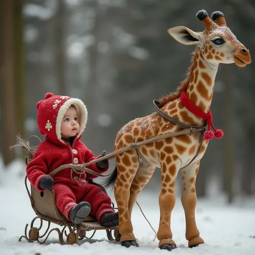 . Ein Baby Junge, der einen Weihnachts Hoodie trägt, wird von einer Giraffe auf einem Schlitten gezogen. ,a baby dressed like a deer on a sleigh and a small doll in the snow,santa claus with reindeer,
